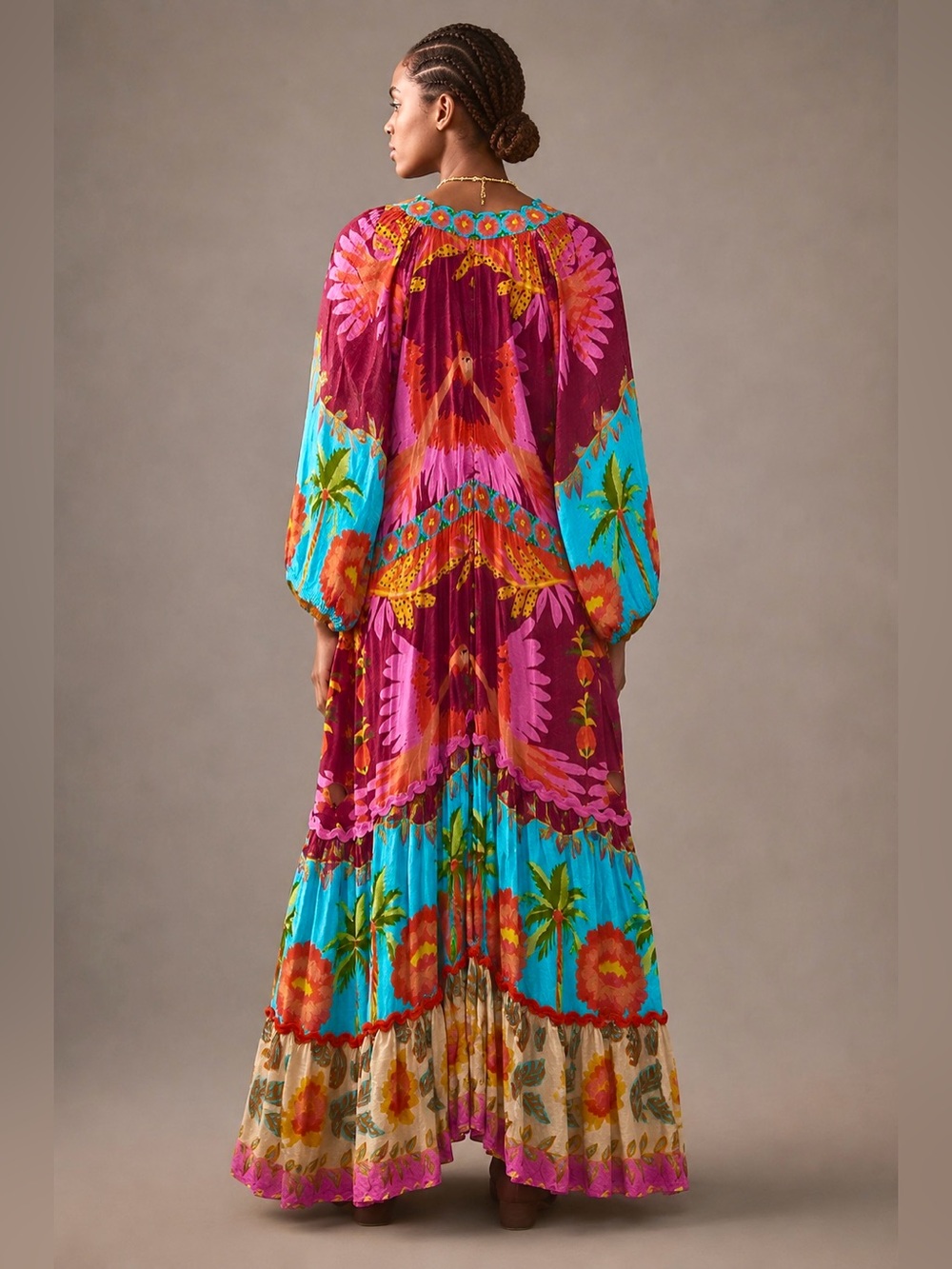 FARM RIO Anthropologie Colorful Tropical Long Sleeve Maxi Dress - Picture 3 of 7
